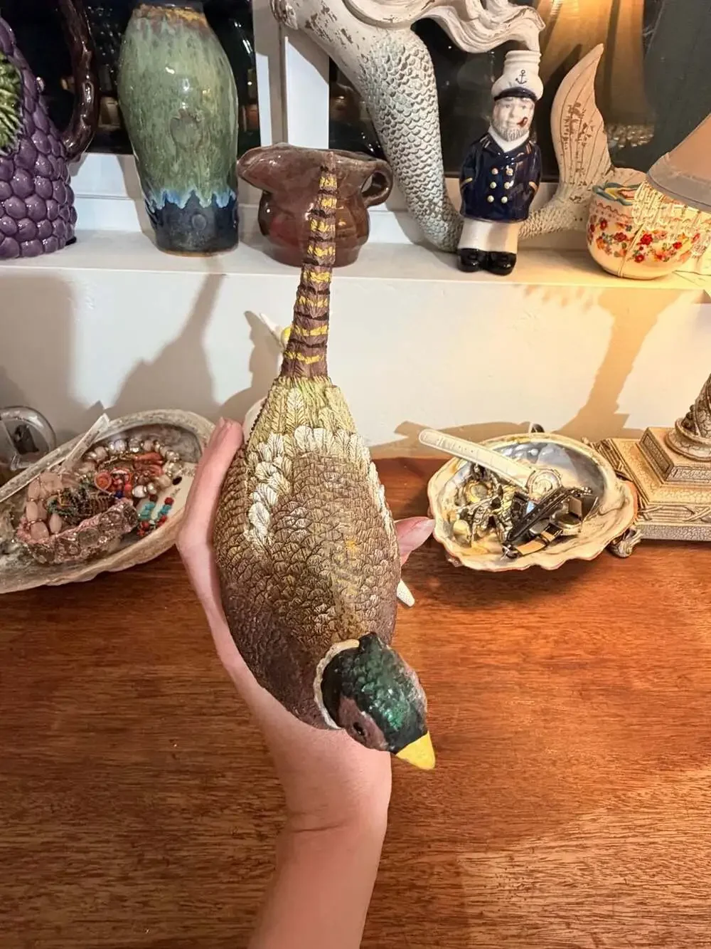 Vintage Handcrafted Resin Pheasant Bird Figurine Acorns Fall Leaves Decor